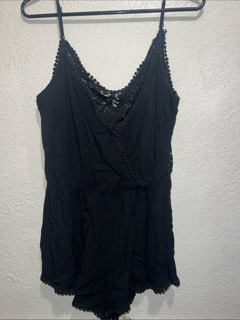 Ambiance Black Lace-Trim Spaghetti Strap Romper
